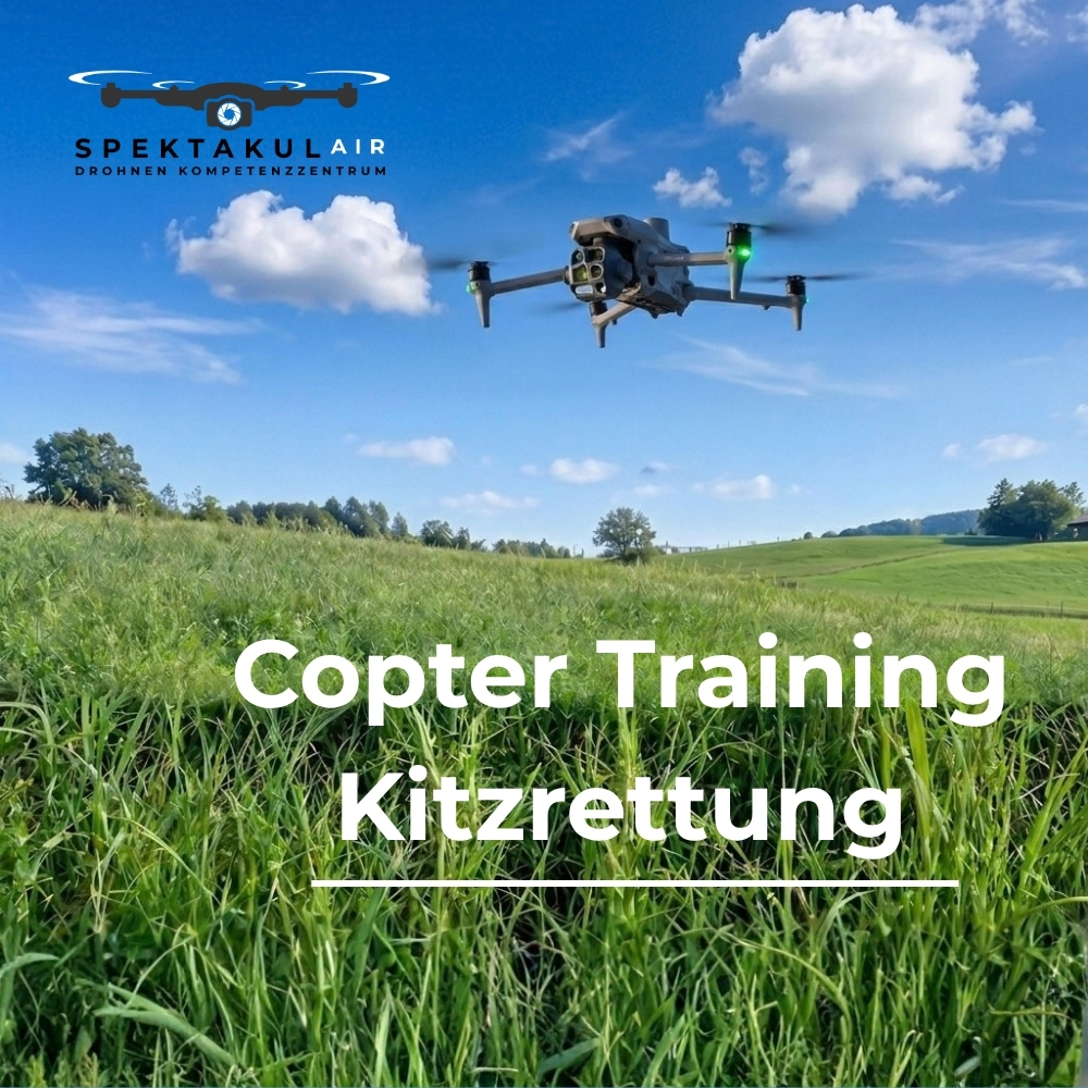 Kursgrafik Copter Training Kitzrettung mit Drohne über einer grünen Wiese